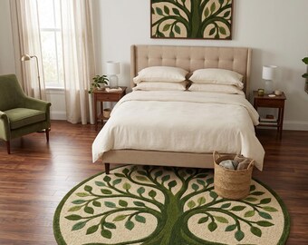 Handgetufteter Baum des Lebens runder Teppich - Premium Wollgrün & Beige keltischer Baumteppich, handgefertigter Rundteppich für Wohnzimmer, Schlafzimmer