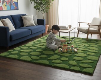 Hand-Tufted Wool Rug, Green Pebble Pattern, Soft Plush Carpet, Living Room Decor