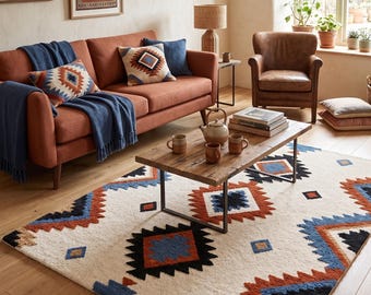 Hand Tufted Wool Southwestern Geometric Area Rug, Boho Tribal Aztec Carpet