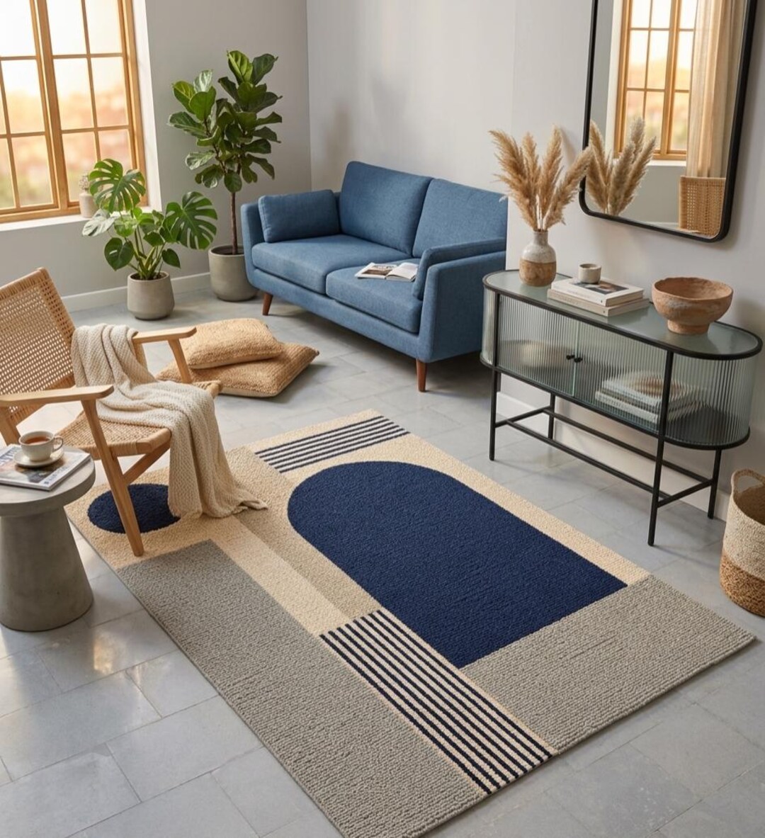 Hand Tufted Modern Wool Area Rug, Blue Beige Geometric Abstract ...