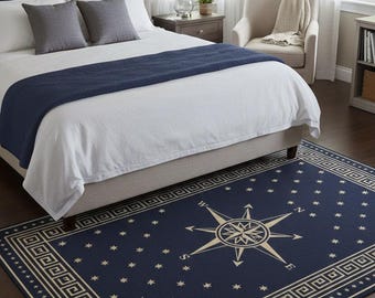 Hand-Tufted Wool Rug, Navy Blue Compass Nautical Design, Greek Key Border Carpet