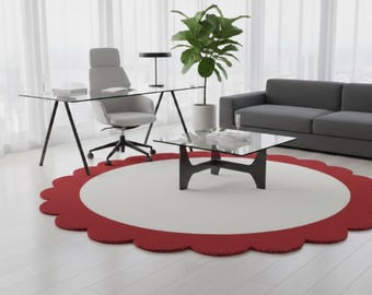 Hand-Tufted Wool Round Rug, Red Scalloped Edge, Modern Geometric Carpet
