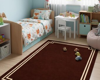 Hand Tufted Area Rug with Brown Border Design, Geometric Frame Pattern, Modern Style