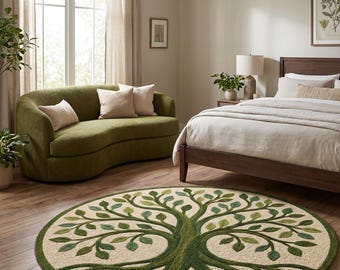 Alfombra redonda de lana tejida a mano con el Árbol de la Vida / Alfombra de área verde celta