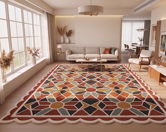 Hand Tufted Wool Rug | Geometric Floral Scalloped Border Area Carpet