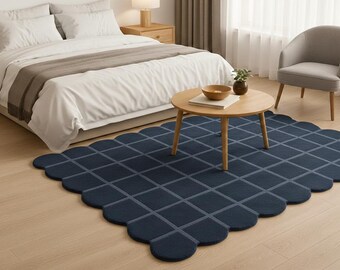 Hand Made Scalloped Edge Area Rug, Navy Blue, Geometric Grid Pattern, Modern Bedroom Decor