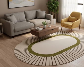 Hand Tufted Wool Oval Rug, White Center, Modern Geometric Design Carpet Rug