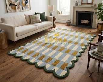 Hand Tufted Wool Rug, Checkered Scalloped Edge, Modern Boho Livingroom & Badroom And Nursery Decor