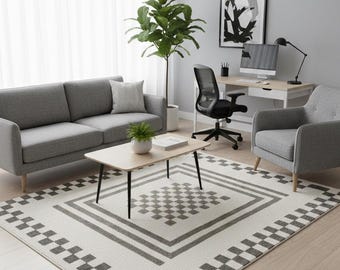 Hnad Tufted Modern Geometric Area Rug, Black and Cream Striped Pattern, Contemporary Design