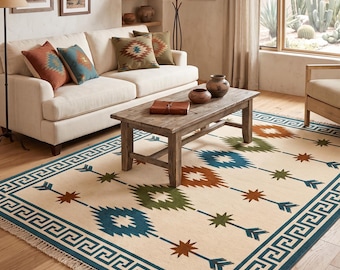 Handwoven Southwestern Dhurrie Rug – Geometric Tribal Kilim Cotton Area Rug