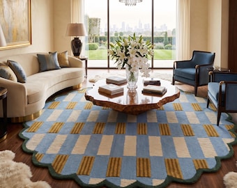 Hand Tufted Wool Scalloped Area Rug, Blue Geometric Carpet, Modern Accent Living Room Decor