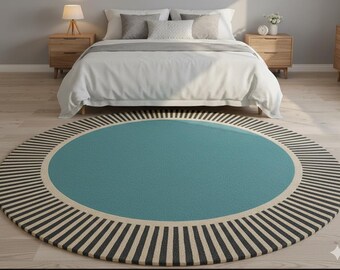 Hand Tufted Round Area Rug, Black and White, Geometric Sunburst Pattern, Modern Contemporary Design