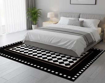 Hand-Tufted Wool Rug, Black White Checkered Geometric Design, Modern Living Room Carpet