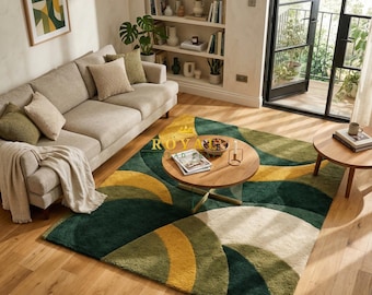 Hand Tufted Abstract Wool Area Rug, Modern Green Mustard Carpet