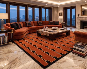 Alfombra de lana tejida a mano, diseño geométrico en tonos marrón óxido y negro, estilo minimalista para sala de estar (tamaño personalizado).