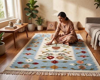 Handwoven Wool Kilim Rug, Floral Geometric Flat Weave Carpet, Boho Turkish Style Area Rug
