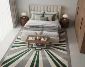 Hand-Tufted Wool Rug, Geometric Sunburst Pattern, Modern Bedroom Decor