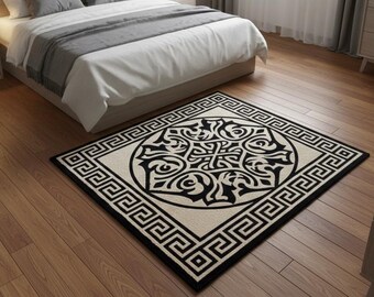 Hand-Tufted Wool Rug, Celtic Knot Geometric Design, Black Cream Greek Key Border