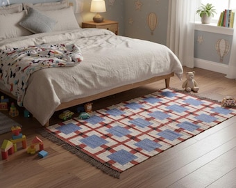 Handwoven Wool Kilim Rug: Bohemian Geometric Dhurrie, Ivory & Blue