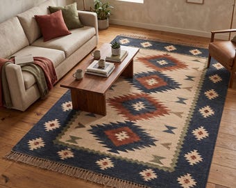 Handwoven Dhurrie Rug – Southwestern Tribal Geometric Navy Blue Ivory Cotton Flatweave Carpet