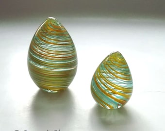 Set of Two Glass Egg Paperweight Yellow Teal Mica Canes:  DISASTER RELIEF