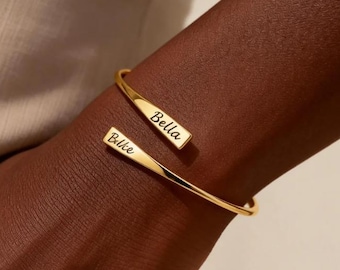 Personalized 18K Gold Plated Name Bracelet, Custom Engraved Bangle, Minimalist Jewellery, Wedding Gift, Bridesmaid Bangle, Gift for Mom