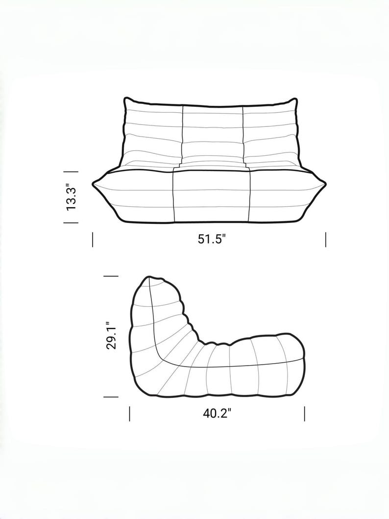 Puede incluir: Dibujo lineal de un sof&aacute; y una silla modernos. El sof&aacute; mide 131 cm de ancho y 34 cm de alto. La silla mide 102 cm de largo y 74 cm de alto. Ambas piezas tienen un dise&ntilde;o curvo &uacute;nico.