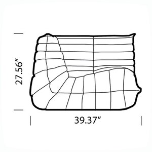 Puede incluir: Dibujo lineal de un sof&aacute; seccional, con dimensiones indicadas. El sof&aacute; mide 70 cm de alto y 100 cm de ancho. El dise&ntilde;o presenta un brazo curvo y un asiento y respaldo segmentados.