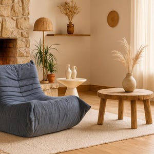 Puede incluir: Un sal&oacute;n acogedor con un sill&oacute;n azul, una mesa auxiliar de madera y una chimenea de piedra con fuego. Tambi&eacute;n hay un jarr&oacute;n con flores secas y una l&aacute;mpara de mimbre.