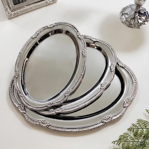 Verziertes ovales Silbertablett im Vintage-Stil | Einzeln oder im 3er-Set | Dekorative Metallschale | Parfümaufbewahrung | Hochzeitsdekoration