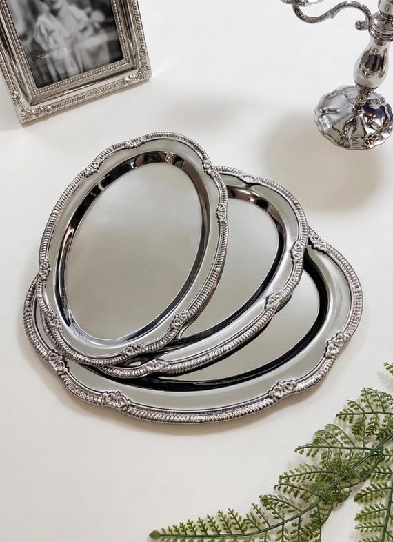 Ornate Vintage Style Silver Oval Tray | Individually or as a Set of 3 | Decorative Metal Catchall Dish | Perfume Organizer | Wedding Decor