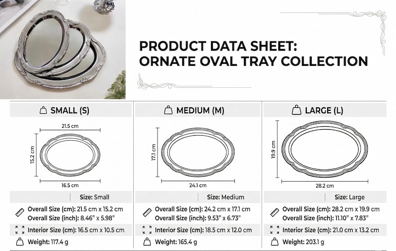May include: Ornate oval tray collection product data sheet. The image shows three sizes of trays: small, medium, and large. The small tray is 8.46" x 5.98", the medium tray is 9.53" x 6.73", and the large tray is 11.10" x 7.83".