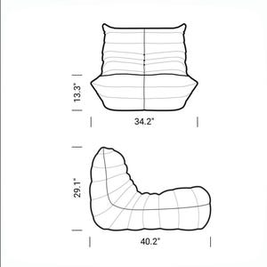 Puede incluir: Dibujo lineal de un moderno conjunto de silla y otomana. La silla mide 86,9 cm de ancho y 33,8 cm de alto. La otomana mide 102,1 cm de ancho y 73,9 cm de alto. El dise&ntilde;o presenta una forma curva y org&aacute;nica.