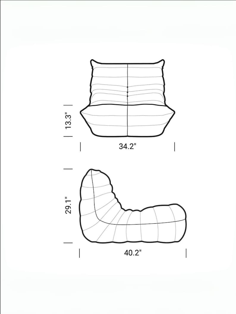 Puede incluir: Dibujo lineal de un moderno conjunto de silla y otomana. La silla mide 86,9 cm de ancho y 33,8 cm de alto. La otomana mide 102,1 cm de ancho y 73,9 cm de alto. El dise&ntilde;o presenta una forma curva y org&aacute;nica.