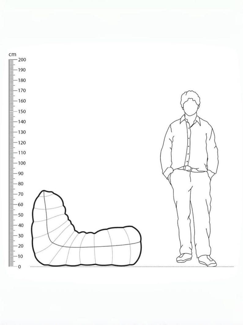 Puede incluir: Dibujo lineal de un puf, de aproximadamente 70 cm de largo, junto a una persona. La silla tiene una forma curva con l&iacute;neas de cuadr&iacute;cula. Una regla de cent&iacute;metros est&aacute; en el lado izquierdo de la imagen.