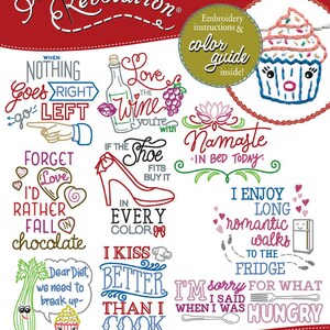 May include: A colorful set of iron-on embroidery patterns featuring various sayings and designs, including "Love the Wine You're With", "I Kiss Better Than I Cook", and "Namaste in Bed Today". The patterns are designed for use on fabric and include a color guide.