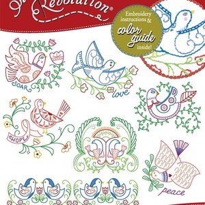 May include: Iron-on embroidery patterns for fanciful birds. The designs include birds with words like "soar", "love", "hope", and "peace". The patterns are also suitable for fabric painting, quilting, and woodworking.
