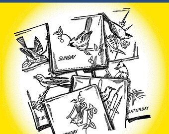 May include: Iron-on transfer sheet with a design of birds in a nest. The sheet is labeled "9637 - Birds for Varied Uses". The sheet is made in the USA. The sheet is reusable and can be used for embroidery, fabric painting, quilting, and more.