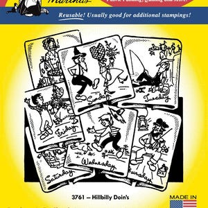 May include: Iron-on transfers featuring black and white illustrations of people in various poses. The illustrations are labeled with the days of the week. The text "3761 - Hillbilly Doin's" is printed below the illustrations. The text "Decalques Au Fer Chaud Chaque Patron Donne Plusieurs Estampes. La Broderie, La Peinture Sur Tissu, Piquer, La Décoration De Vétements, Les Travaux D'Aiguille Et Autres Ouvrages D'Artisanat Transferencias Con Plancha Caliente Cada Diseño Sirve Para Varios Estampados. Bordados, Pintura En Tela, El Acolchar, Arte Usable, Bordado De Aguja & Otras Artesanias" is printed below the text "3761 - Hillbilly Doin's". The text "MADE IN U.S.A." is printed in the bottom right corner of the image.