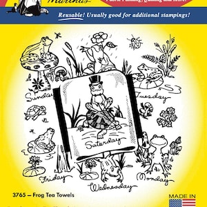May include: Iron-on transfer designs for embroidery, fabric painting, quilting, and more. The designs feature frogs, turtles, and flowers. The text "Aunt Martha's" is in a red and black font. The text "Iron-on Transfers" is in a black font. The text "3765 - Frog Tea Towels" is in a black font. The text "Made in U.S.A." is in a black font. The text "Decalques Au Fer Chaud Chaque Patron Donne Plusieurs Estampes." is in a black font. The text "La Broderie, La Peinture Sur Tissu, Piquer, La Décoration De Vétements, Les Travaux D'Aiguille Et Autres Ouvrages D'Artisanat" is in a black font. The text "Transferencias Con Plancha Caliente Cada Diseño Sirve Para Varios Estampados." is in a black font. The text "Bordados, Pintura En Tela, El Acolchar, Arte Usable, Bordado De Aguja & Otras Artesanias" is in a black font.