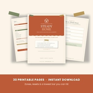 May include: A set of three printable household system pages with a cream background and rust-colored accents. The central page features the text Steady Home, An Easy Household System, and a list of contents including zones and resets.