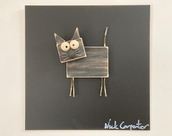 3D Wooden Black Cat Wall Art, Handmade Animal Figurine (30cm)