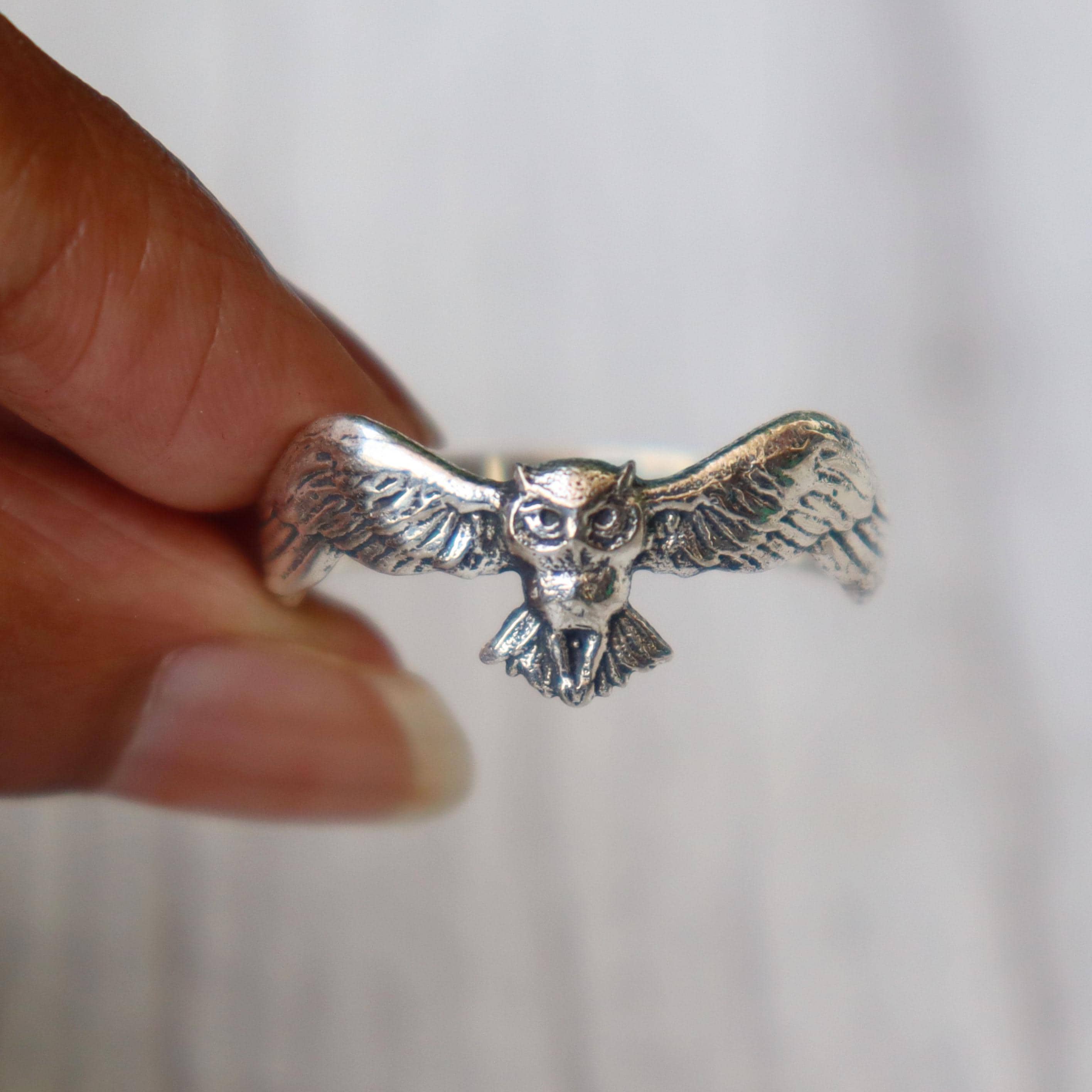 Flying Owl Ring, 925 Sterling Silver, Owl Totem Jewelry, Designer Ring, Minimalist Ring, Bird Lover 