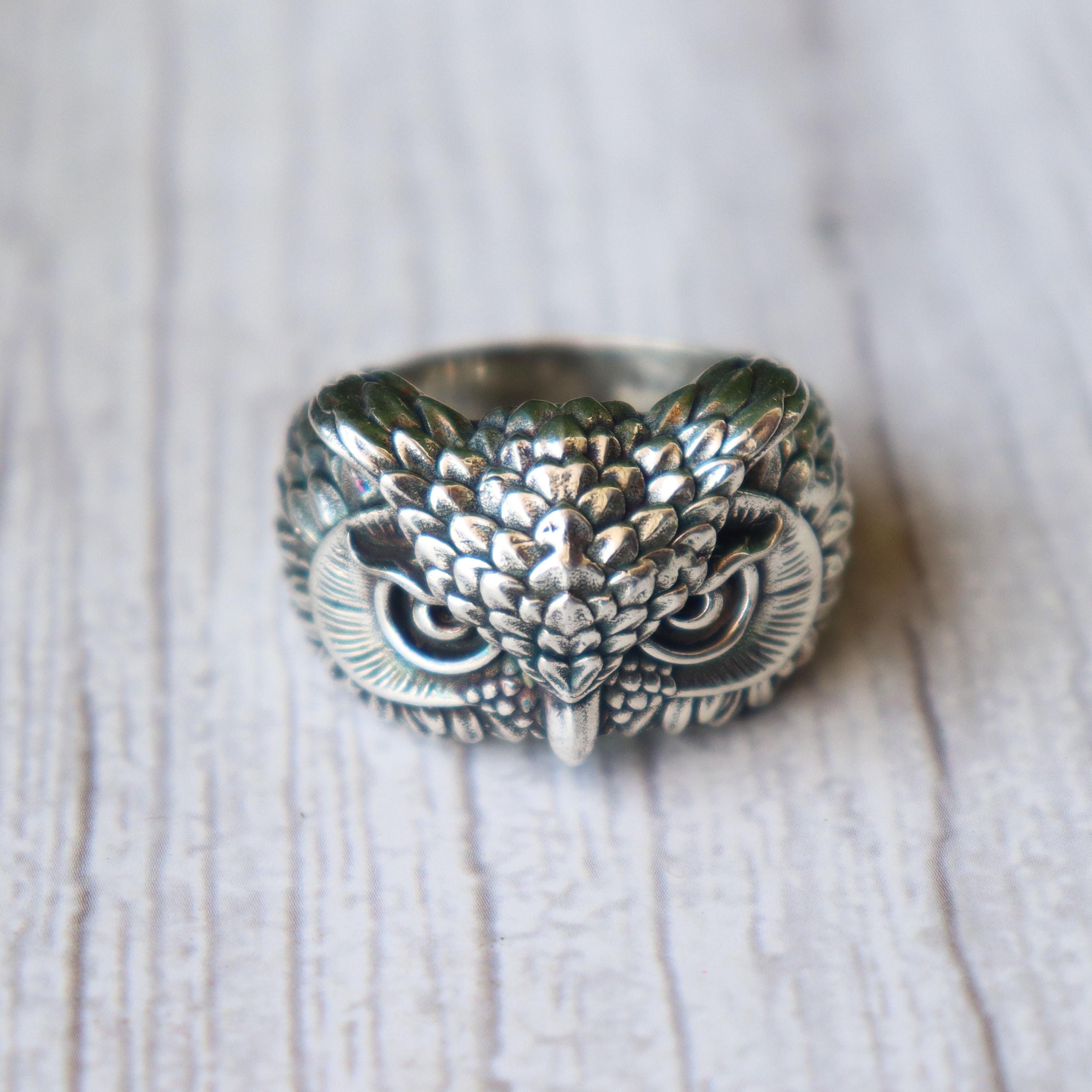 Owl Head Ring, 925 Sterling Silver, Charm Ring, Designer Ring, Gothic Bird Ring, Stackable Ring, Oxi