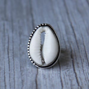 Puede incluir: Anillo plateado con una concha blanca como pieza central. La concha ovalada está enmarcada por un borde plateado con cuentas. El diseño del anillo es sencillo y elegante, adecuado para el uso diario o ocasiones especiales.
