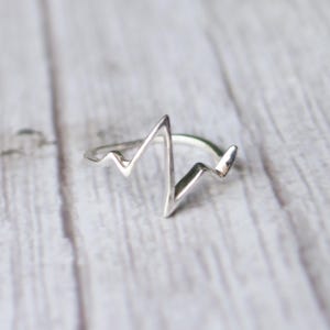 Puede incluir: Un anillo de plata con un diseño minimalista que se asemeja a un latido del corazón o una onda de sonido. El anillo presenta una línea continua y angular que forma la forma. El anillo está sobre una superficie de madera clara.