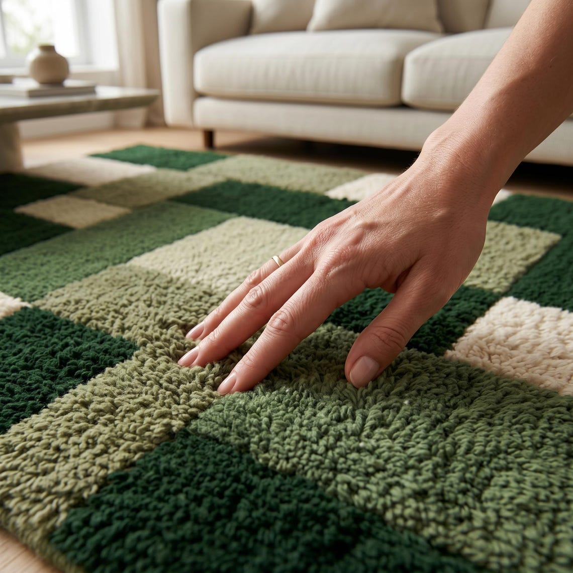 Green Patchwork — hand tufted rug by Ansari Rugs