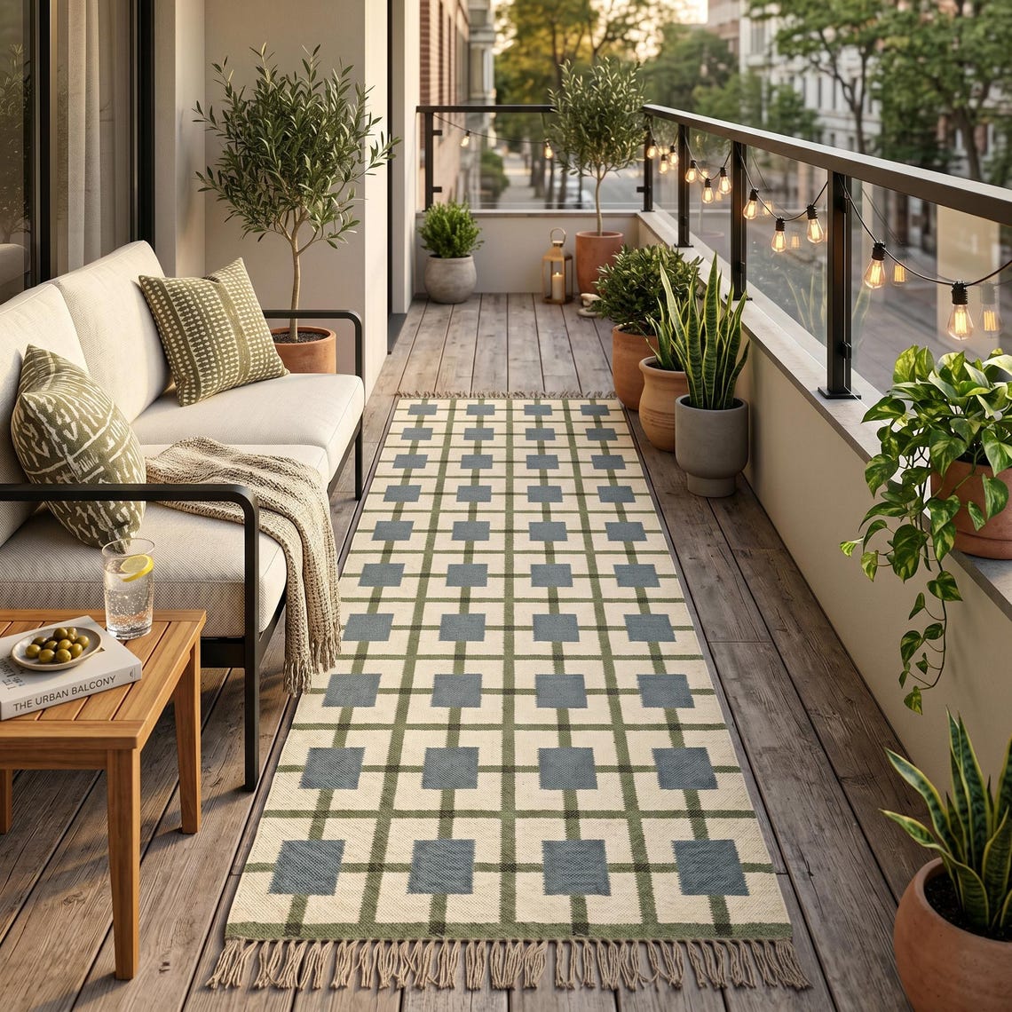 Blue & Green Chequer Durrie — flatweave durrie rug by Ansari Rugs