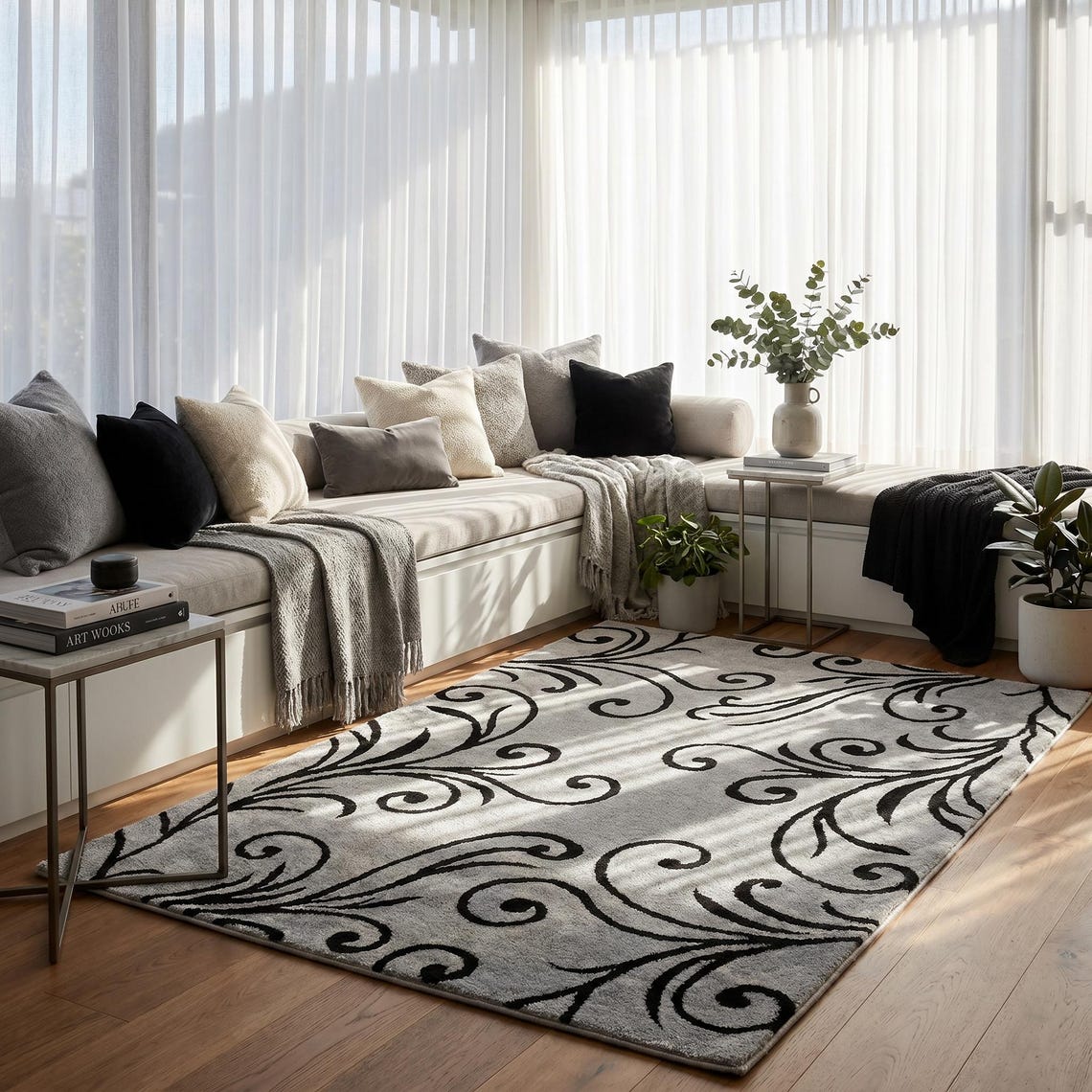 Graphite Scroll — hand tufted rug by Ansari Rugs
