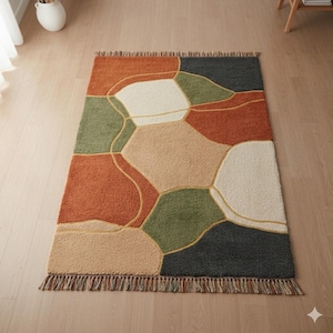 The Desert Bloom Hand-Tufted Rug | Organic Geometric Patchwork Wool Carpet | Terracotta & Moss Green Area Rug